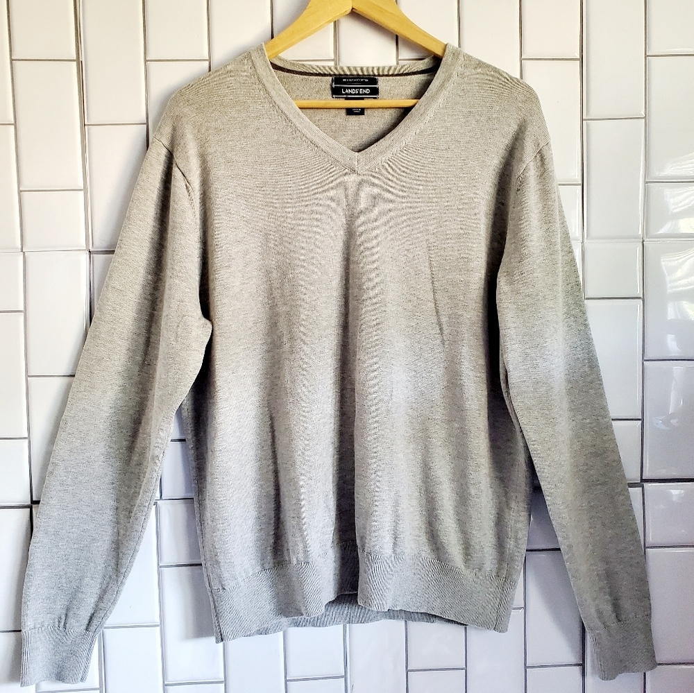 LANDS’ END Mens Grey 100% Supima Cotton V Neck Swe